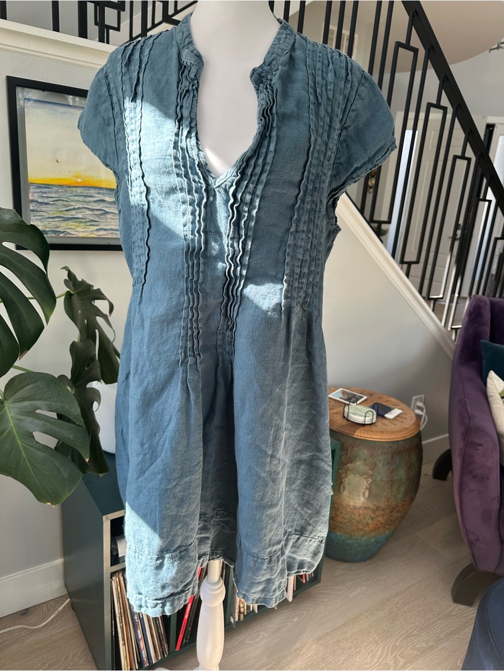 Washed Blue Pintuck Short Sleeve Linen dress